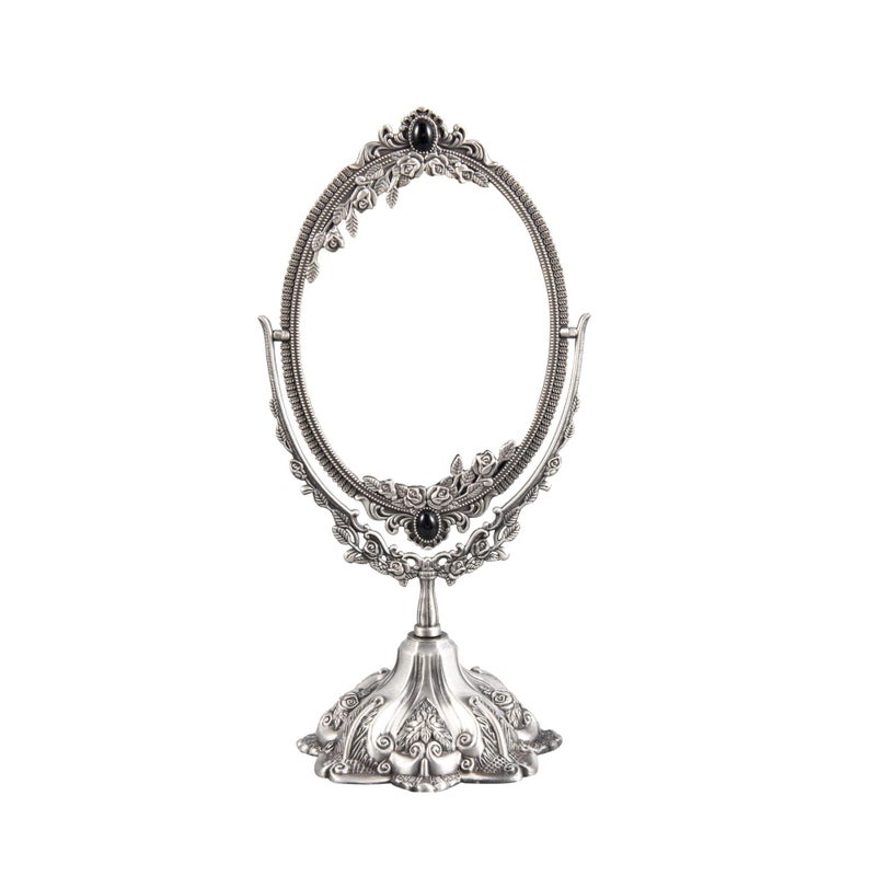 Feyarl مرآة مكياج صغيرة عتيقة مزخرفة بزهور على الطاولة مرآة بيضاوية مع قاعدة لغرفة الملابس مرآة مزدوجة الجوانب أنيقة وزخرفية بإطار مطبوع من القصدير