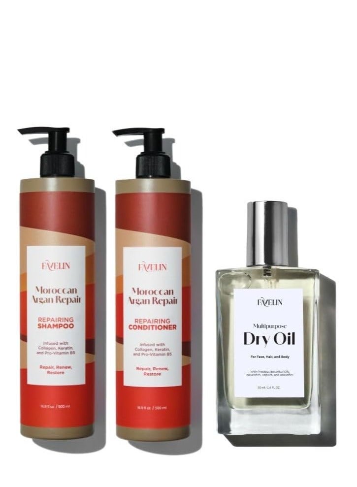 favelin Moroccan Argan Repair Set Shampoo (500 ML) and Conditioner (500 Ml) & Dry Oil (50ML) - - Image 2