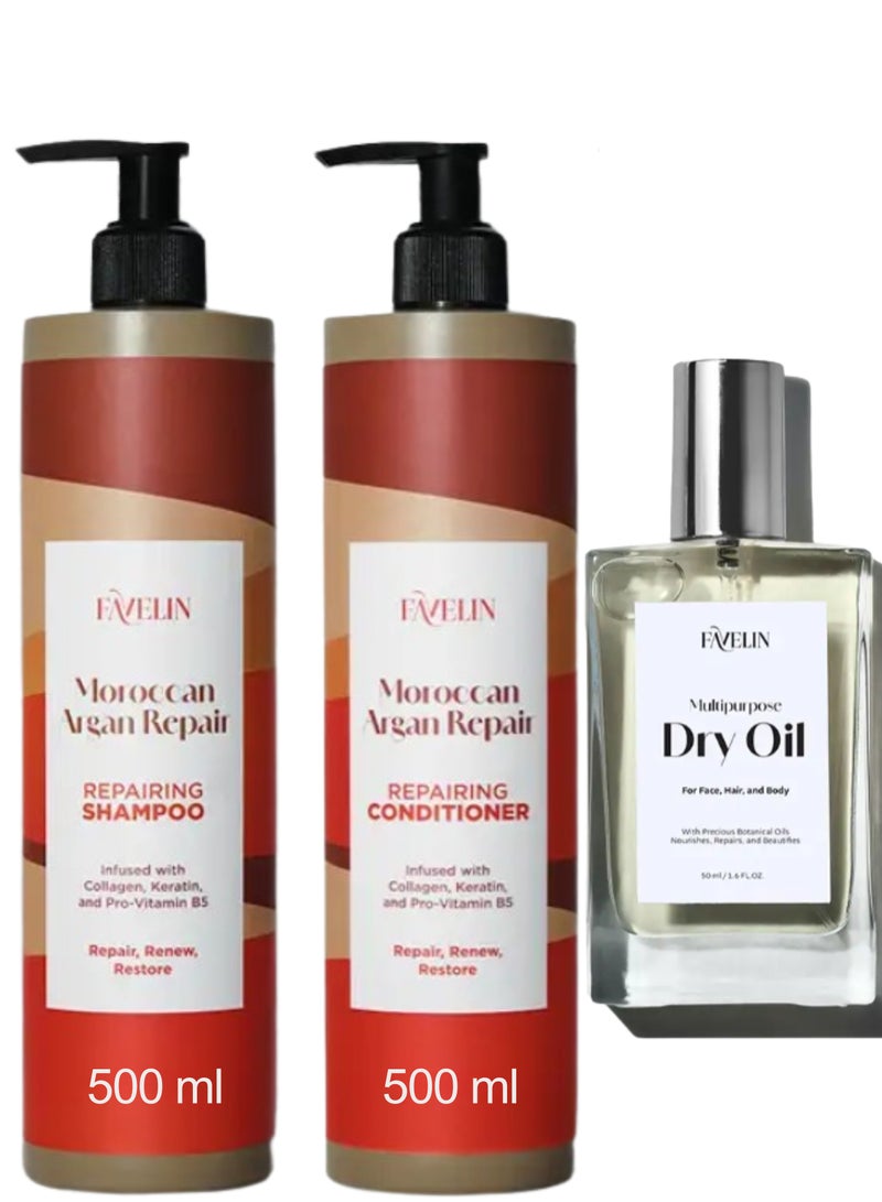 favelin Moroccan Argan Repair Set Shampoo (500 ML) and Conditioner (500 Ml) & Dry Oil (50ML) - - Image 1