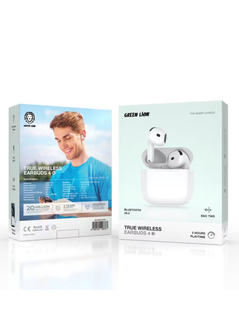 GREEN LION True Wireless Earbuds 4 G1, 25 Meters Transmission Range, Type-C Charging Port, 2 Hours of Charging Time, 5 Hours Playtime, 20 Hours Case Battery Life, Bluetooth Version 5.3 - White - Image 3