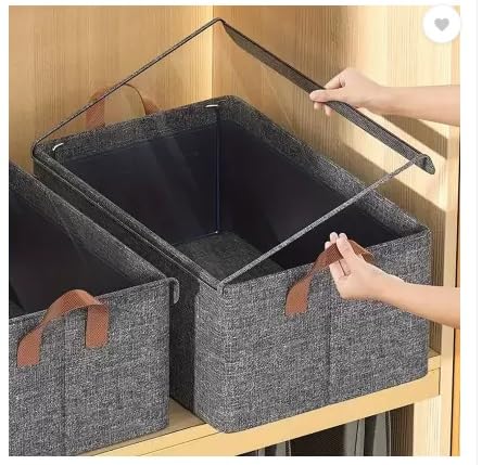 Home-Cloud HomeCloud Foldable Cloth Basket for Storage with Metal Frame and Handles, Clothes Organizer for Wardrobe, Clothing Storage Solutions, (Grey_With_Lid, Pack Of 2) - Image 5