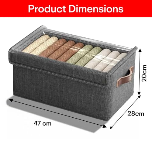 Home-Cloud HomeCloud Foldable Cloth Basket for Storage with Metal Frame and Handles, Clothes Organizer for Wardrobe, Clothing Storage Solutions, (Grey_With_Lid, Pack Of 2) - Image 3