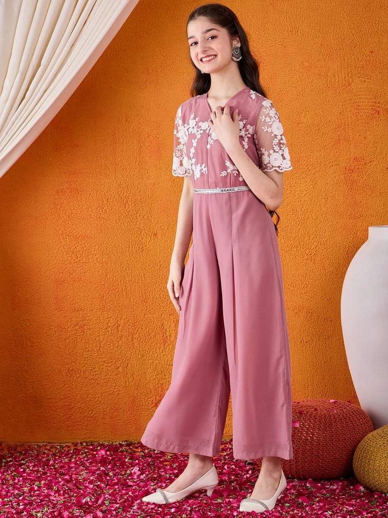 Cherry & Jerry Cherry & Jerry Woven Half sleeves Embroidered Straight Jumpsuit-Pink