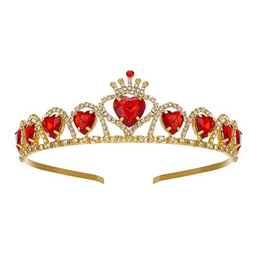 SWEETV Red Princess Tiara for Girls Birthday Crown Gift for Kids Crystal Heart Tiara Headband Child Costume Headpiece Dress up Accessories for Cosplay Party Halloween