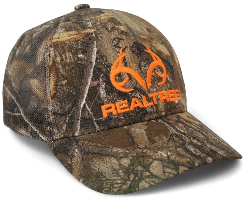Realtree Edge Blaze Logo Camo Mesh Trucker Cap Hat Snapback Wicking Sweatband Low-Mid Profile Structured Precurved Visor Camouflage Cap Hat - Image 1