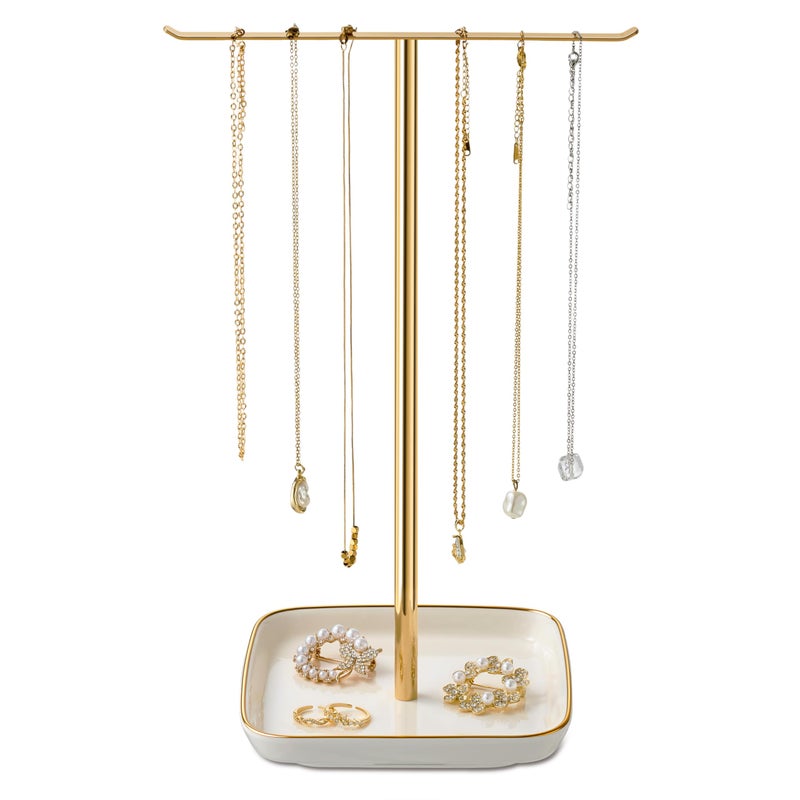 Josmimic Jewelry Holder Stand with Ceramic Base 12 Tall Necklace Organizer Rack Tree Design Display Storage for Necklaces Bracelets Rings Earrings Aesthetic Room Dcor for Girls and Women Gold - Image 2