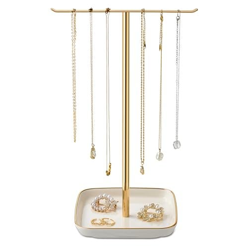 Josmimic Jewelry Holder Stand with Ceramic Base 12 Tall Necklace Organizer Rack Tree Design Display Storage for Necklaces Bracelets Rings Earrings Aesthetic Room Dcor for Girls and Women Gold - Image 1