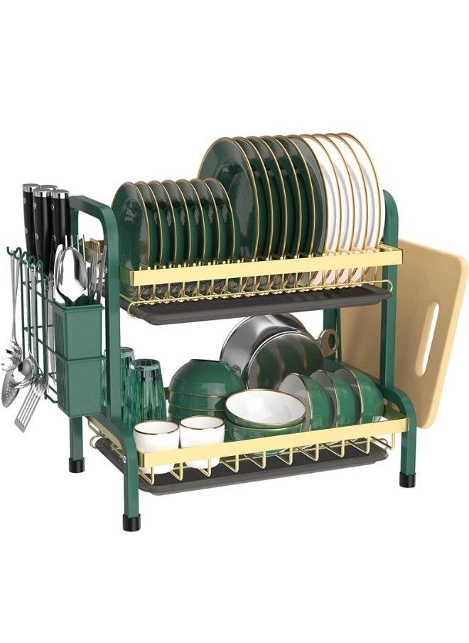 LOKIPA Dish Drying Rack, 2-Tier Dish Rack Drainboard Set, Large Rust-Proof Dish Drainer with Drip Tray Knife Holder, Cutting Board Holder for Kitchen Dish Strainers Dish Dryer Rack for Counter(Green)  - Image 1