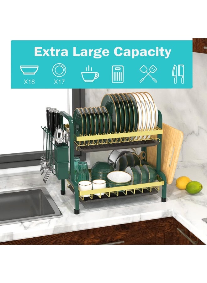 LOKIPA Dish Drying Rack, 2-Tier Dish Rack Drainboard Set, Large Rust-Proof Dish Drainer with Drip Tray Knife Holder, Cutting Board Holder for Kitchen Dish Strainers Dish Dryer Rack for Counter(Green)  - Image 2