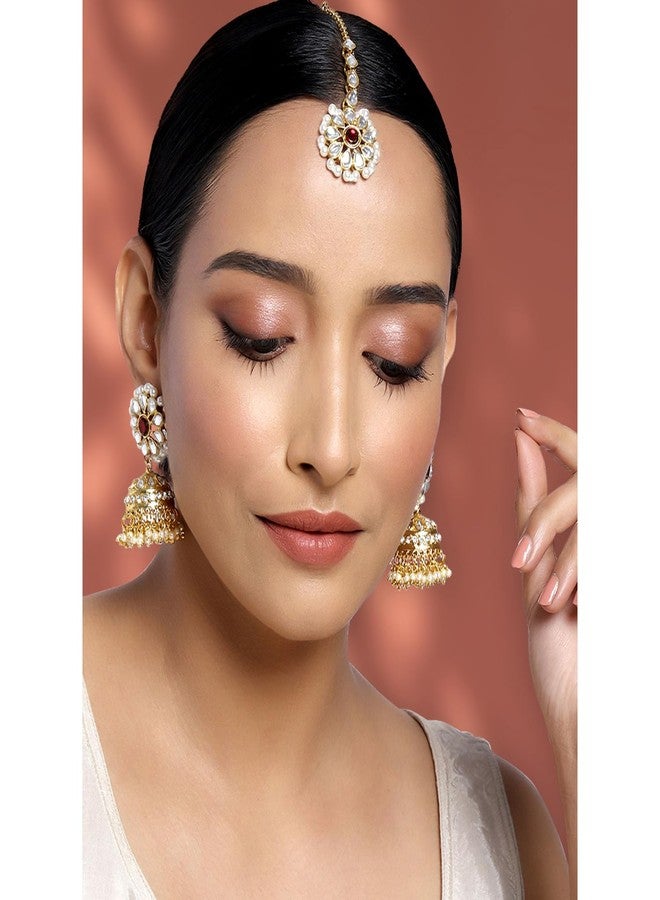 Peora Gold Plated Kundan Pearl Studded Ethnic Jhumki Earrings with Maang Tikka Traditional Jewellery Set for Women - Image 2