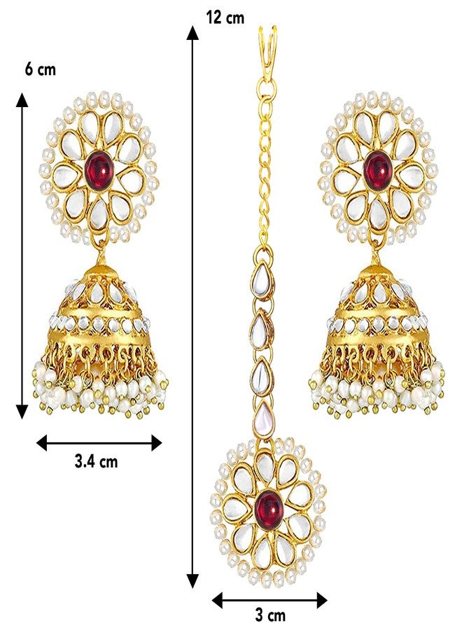Peora Gold Plated Kundan Pearl Studded Ethnic Jhumki Earrings with Maang Tikka Traditional Jewellery Set for Women - Image 4
