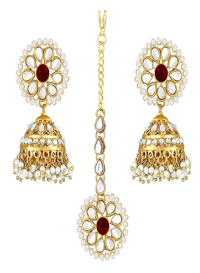 Peora Gold Plated Kundan Pearl Studded Ethnic Jhumki Earrings with Maang Tikka Traditional Jewellery Set for Women - Image 1