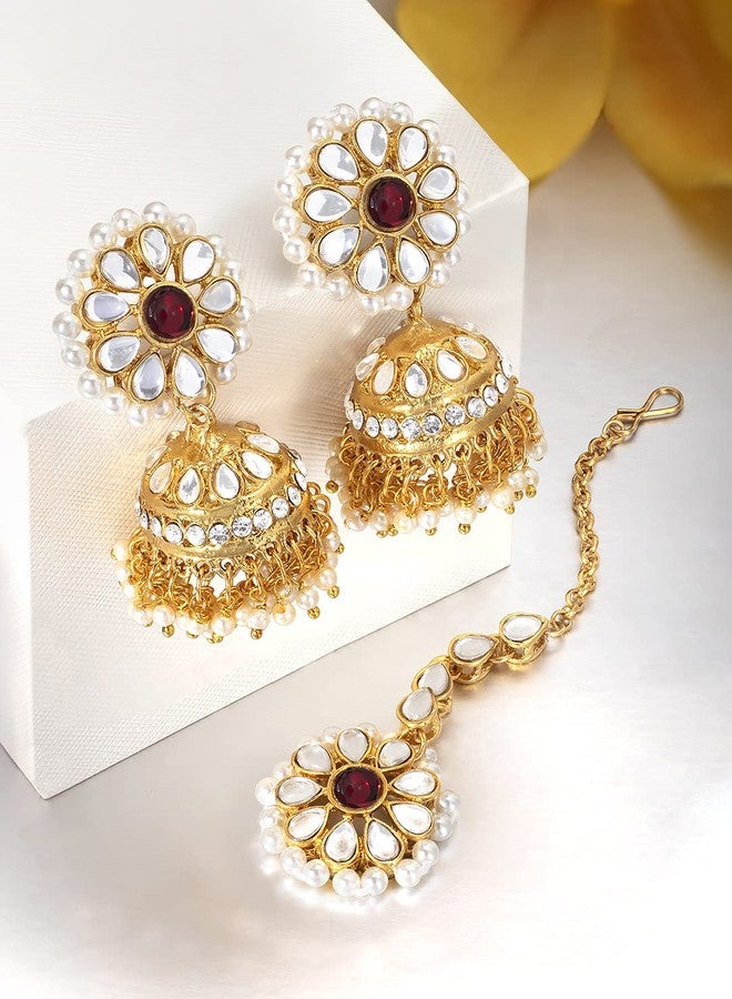 Peora Gold Plated Kundan Pearl Studded Ethnic Jhumki Earrings with Maang Tikka Traditional Jewellery Set for Women - Image 3