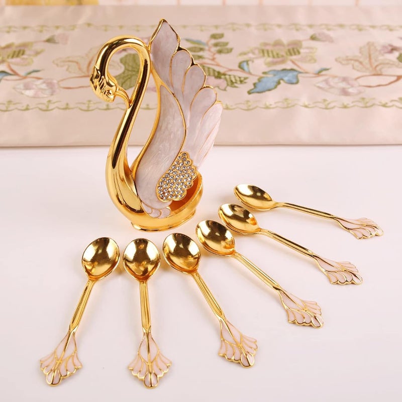 Fdit Spoons, Innovative Swan Base Holder Gold Smoother Coffee Dinnerware Set with Forks Spoons (Golden White Spoons) - Image 4