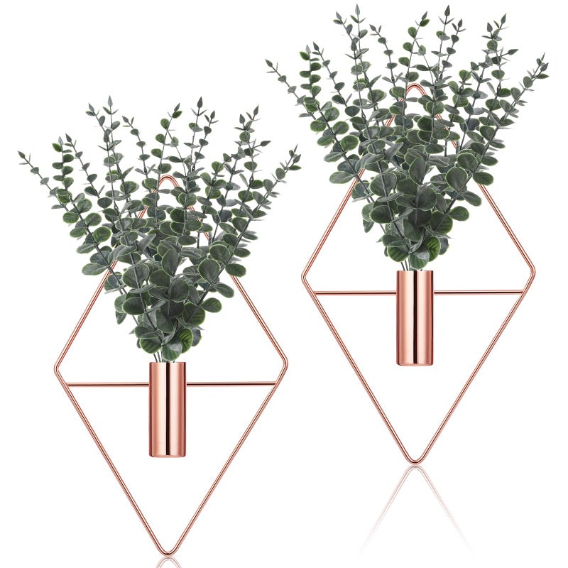 Jexine 8 Pcs Hanging Planters with Artificial Eucalyptus Metal Hanging Vase Indoor Plants Holder Modern Geometric Boho Bathroom Wall Decor for Living Room Home Office EucalyptusRose Gold - Image 2