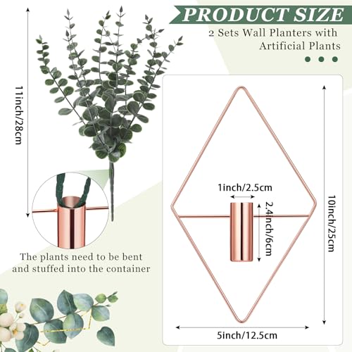 Jexine 8 Pcs Hanging Planters with Artificial Eucalyptus Metal Hanging Vase Indoor Plants Holder Modern Geometric Boho Bathroom Wall Decor for Living Room Home Office EucalyptusRose Gold - Image 3