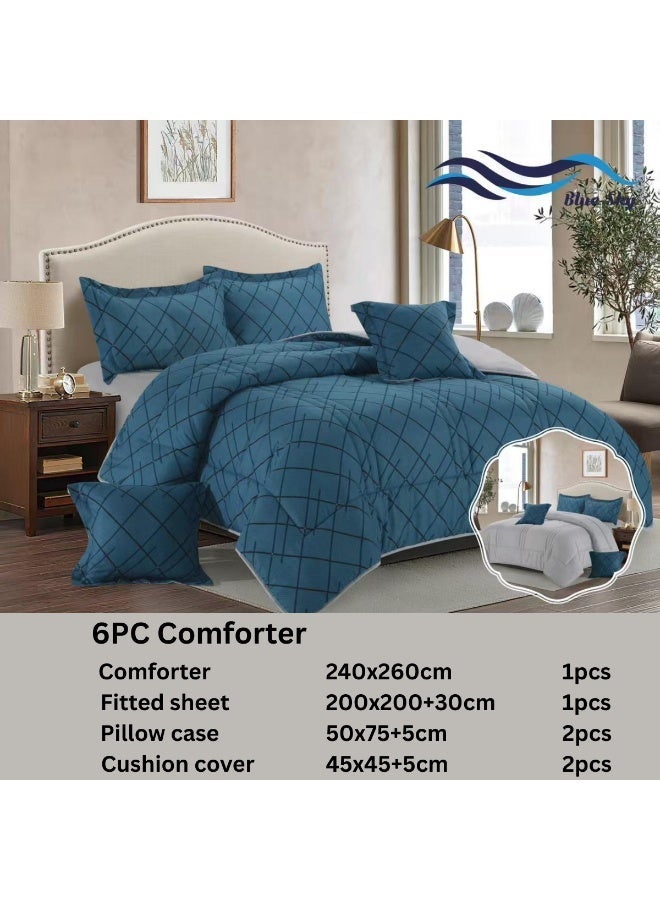 بلو سكاي مفرش سرير نفرين فندقي فاخر – طقم لحاف بحشوة 6 قطع – طقم مفارش يتكون من مفرش  بحشوة وشرشف مطاطي و 2 كيس مخدة و 2 كيس وسادة مربعة – طقم نوم ناعم ومريح - مقاس المفرش 260X240 سم - Image 2