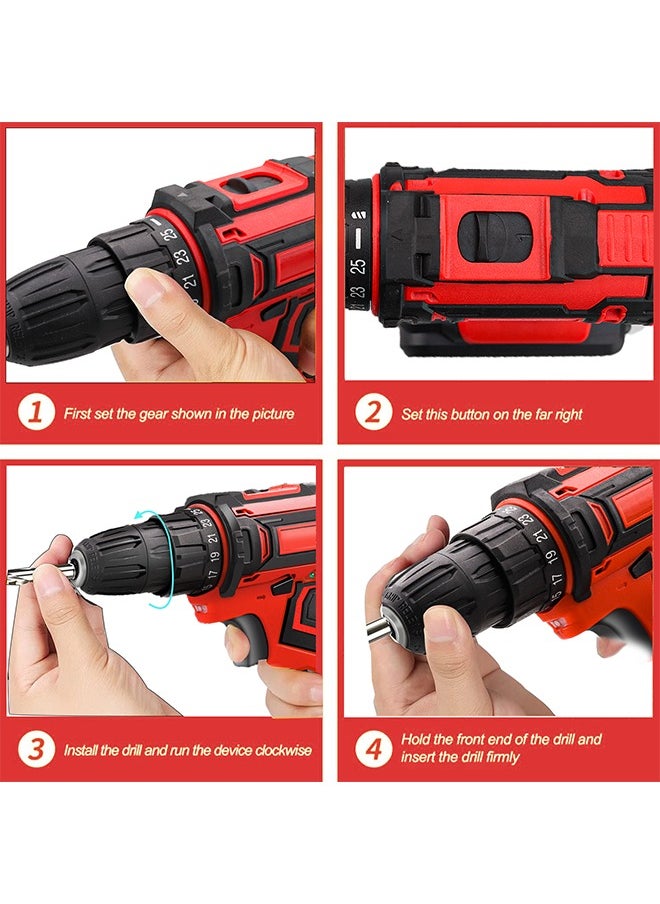 48V Cordless Drill With 2 Lithium Lon Batteries and Charger Variable Speed Brushless Motor 24 Pieces Drill Driver Accessories Kit