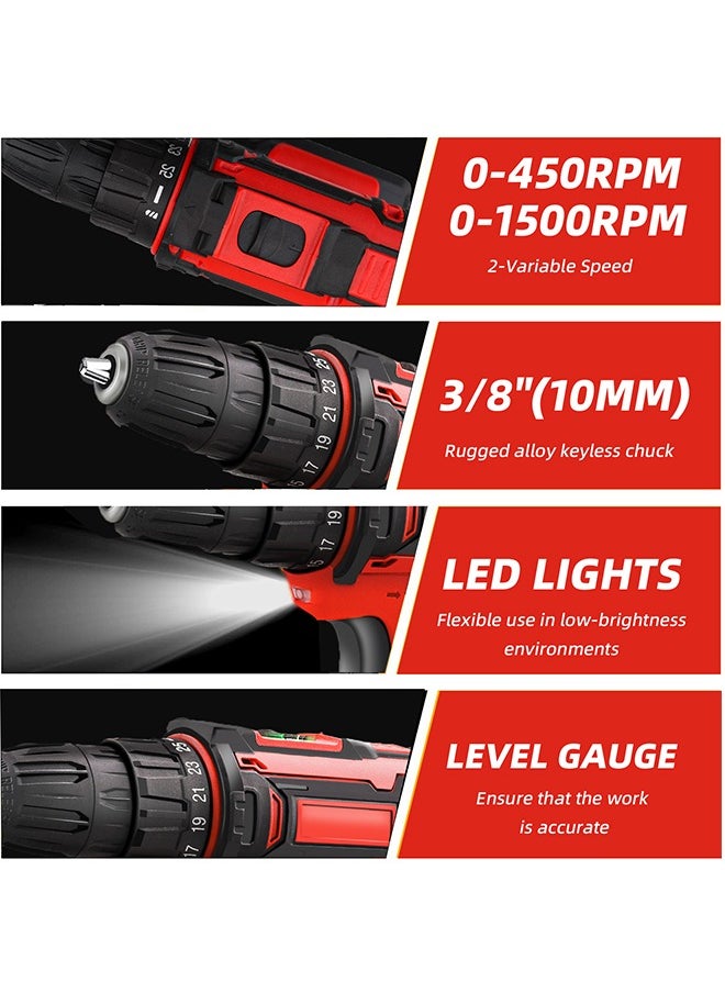 48V Cordless Drill With 2 Lithium Lon Batteries and Charger Variable Speed Brushless Motor 24 Pieces Drill Driver Accessories Kit