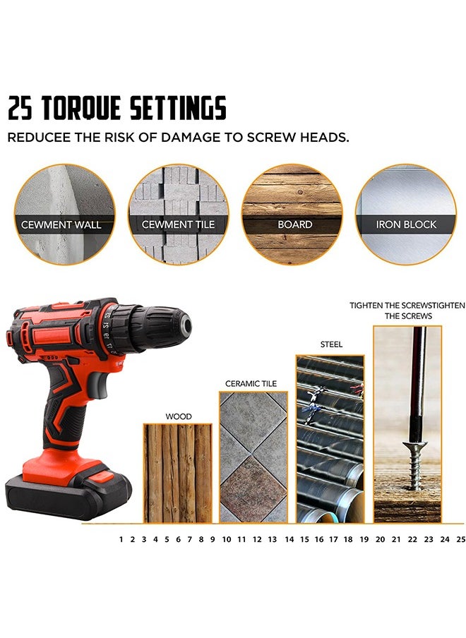 48V Cordless Drill With 2 Lithium Lon Batteries and Charger Variable Speed Brushless Motor 24 Pieces Drill Driver Accessories Kit