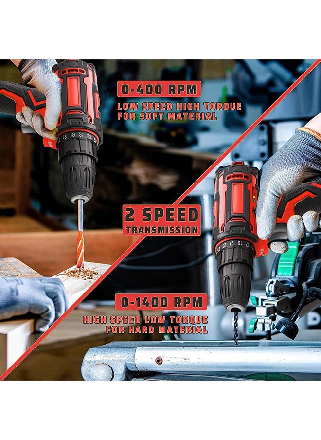 48V Cordless Drill With 2 Lithium Lon Batteries and Charger Variable Speed Brushless Motor 24 Pieces Drill Driver Accessories Kit
