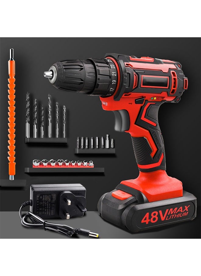 48V Cordless Drill With 2 Lithium Lon Batteries and Charger Variable Speed Brushless Motor 24 Pieces Drill Driver Accessories Kit