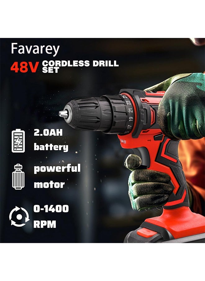 48V Cordless Drill With 2 Lithium Lon Batteries and Charger Variable Speed Brushless Motor 24 Pieces Drill Driver Accessories Kit