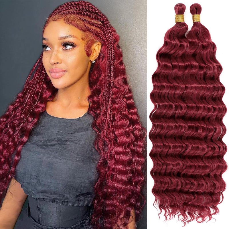Eerya Long Curly Braiding Hair 18 Inch 2 Packs Burgundy Ocean Wave Crochet Hair for Black Women Deep Wave Braiding Hair for Boho Braids (18 inch, BUG) - Image 1