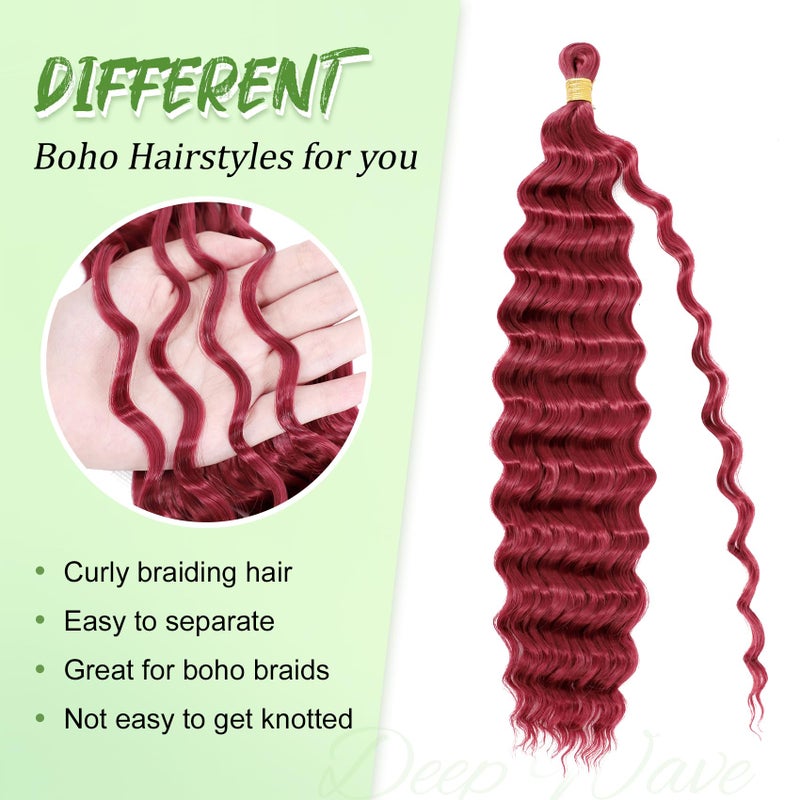 Eerya Long Curly Braiding Hair 18 Inch 2 Packs Burgundy Ocean Wave Crochet Hair for Black Women Deep Wave Braiding Hair for Boho Braids (18 inch, BUG) - Image 4