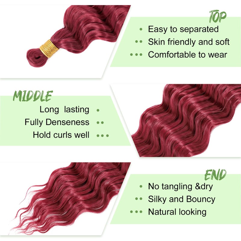 Eerya Long Curly Braiding Hair 18 Inch 2 Packs Burgundy Ocean Wave Crochet Hair for Black Women Deep Wave Braiding Hair for Boho Braids (18 inch, BUG) - Image 3