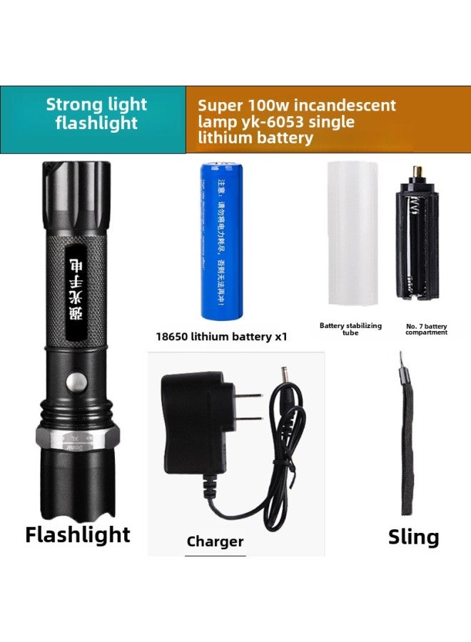 LED Flashlight Rechargeable Multi-functional Super Bright Long-range Household Outdoor Emergency Portable Small Waterproof Flash-Product Specifications:Super 100w Incandescent Lamp, One Battery  - Image 1