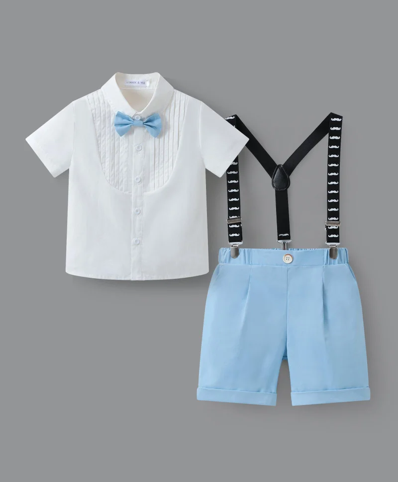 Mark & Mia Mark & Mia Party Suit with Bow and Suspenders - White & Blue