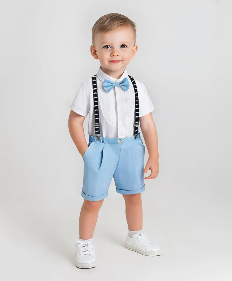 Mark & Mia Mark & Mia Party Suit with Bow and Suspenders - White & Blue