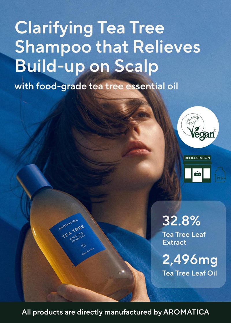 AROMATICA Clarifying Tea Tree Shampoo, Organic Tea Tree Oil, Natural, Dandruff, and Itchy Scalp Care, scalp exfoliator, for Men & Women, include Mint and Peppermint, Sulfate Free, Vegan, 13.5 fl oz - Image 2
