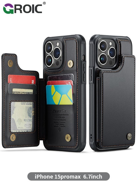 Black Wallet Phone Case for iPhone 15 Pro Max Case with Card Holder, Leather Phone Cases for iPhone 15 Pro Max Wallet Case, Phone Wallet Case for iPhone 15 Pro Max Cases with Stand