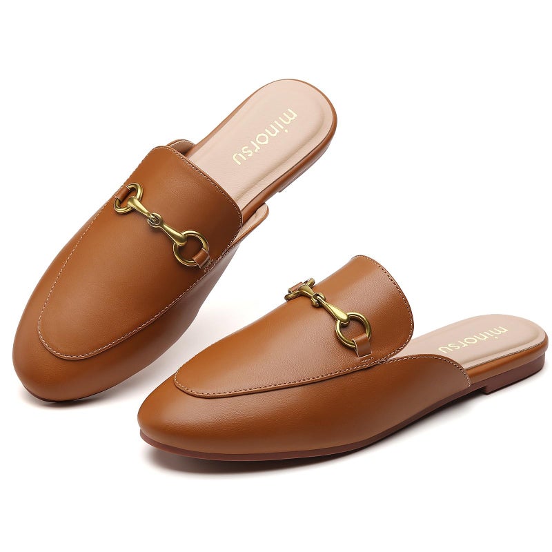 Minorsu Buckle Mules for Women Round Toe Backless Flat Mules Slides Mules Shoes Ladies Slipon Loafers