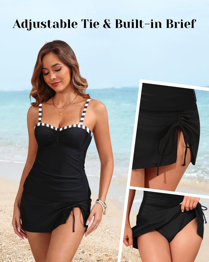 Yonique Womens Underwire Tankini Swimsuits with Skirt Two Piece Bathing Suits Tummy Control Swimwear Black White Stripe L - Image 5