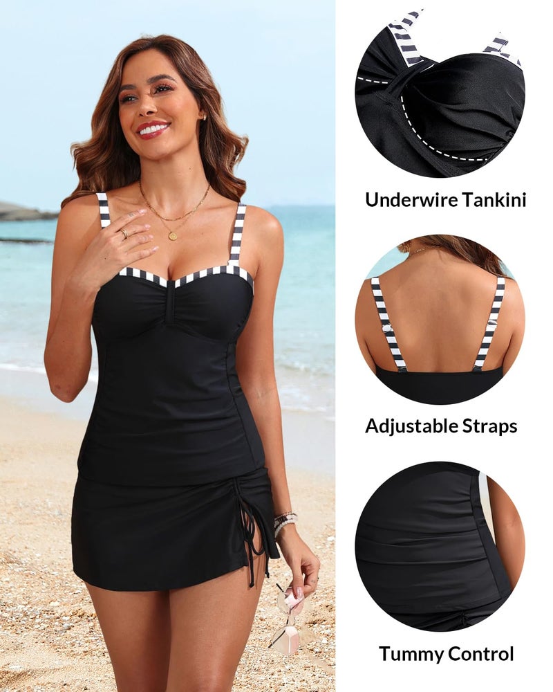 Yonique Womens Underwire Tankini Swimsuits with Skirt Two Piece Bathing Suits Tummy Control Swimwear Black White Stripe L - Image 4