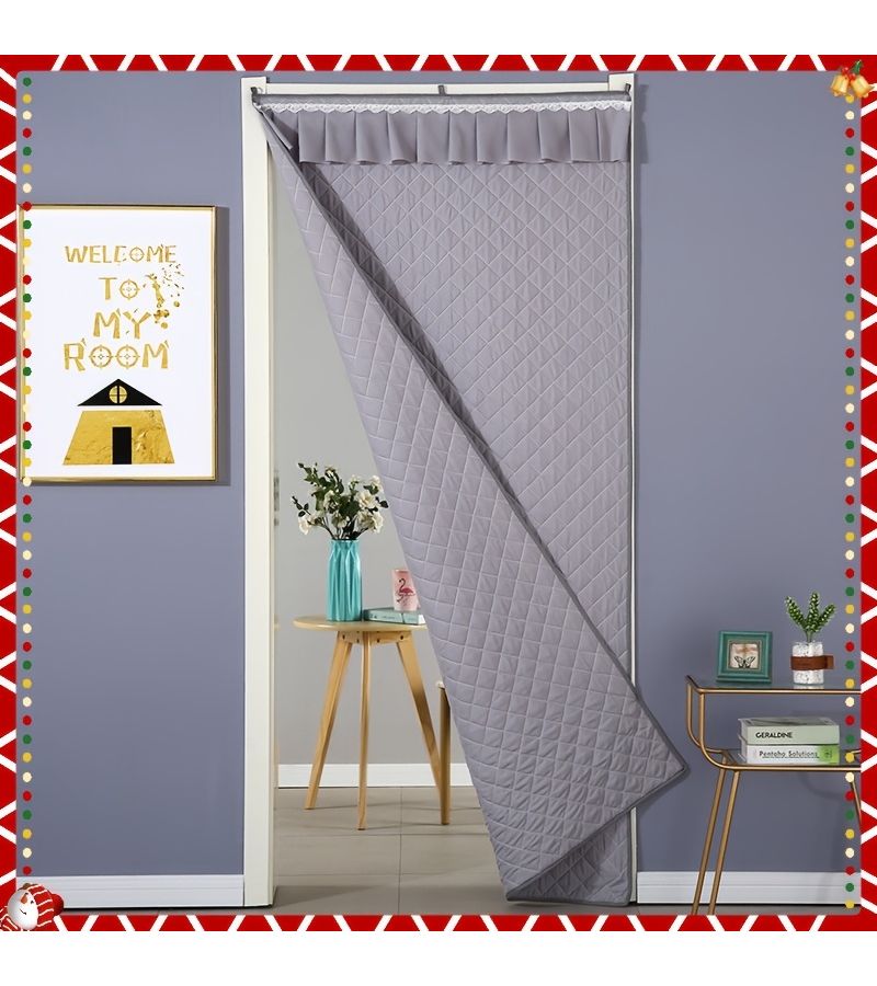 Gray 35x78 Inch Winter Door Curtain Thickened Polyester Windproof Warm Drill Free Partition - Image 1