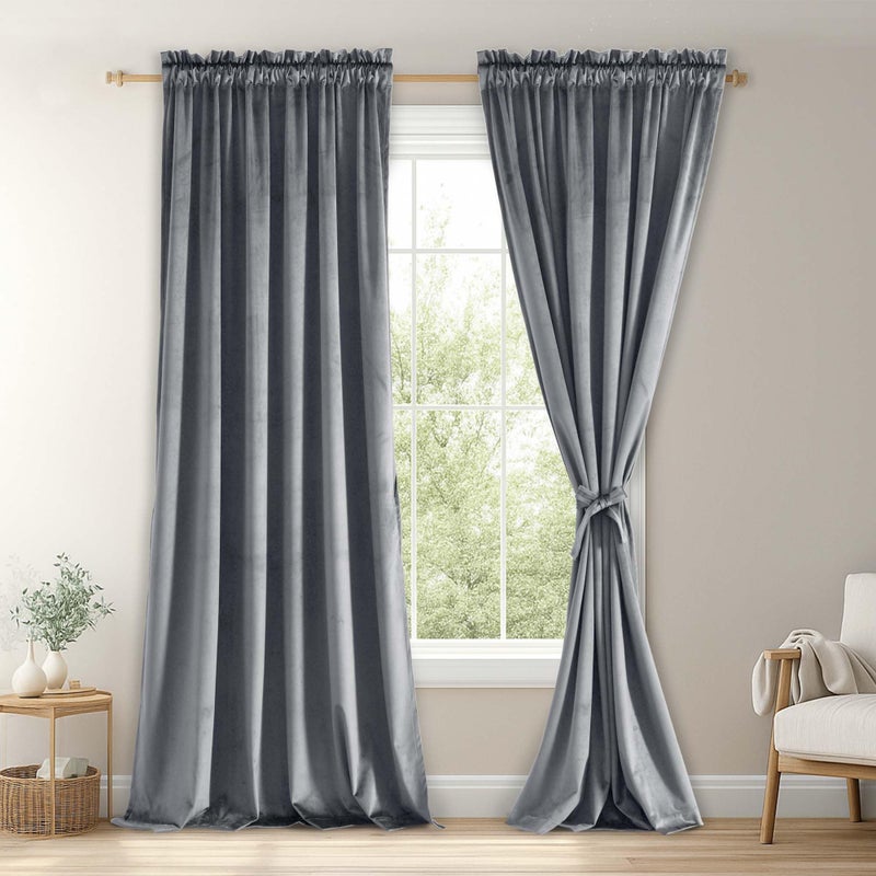 JIUZHEN Grey Velvet Curtains 96 inches for Living Room  Thermal Insulated Rod Pocket Room Darkening Window Curtains Super Soft Home Deco Blackout Velvet Drapes 2 Panels with Tiebacks 52W x 96L