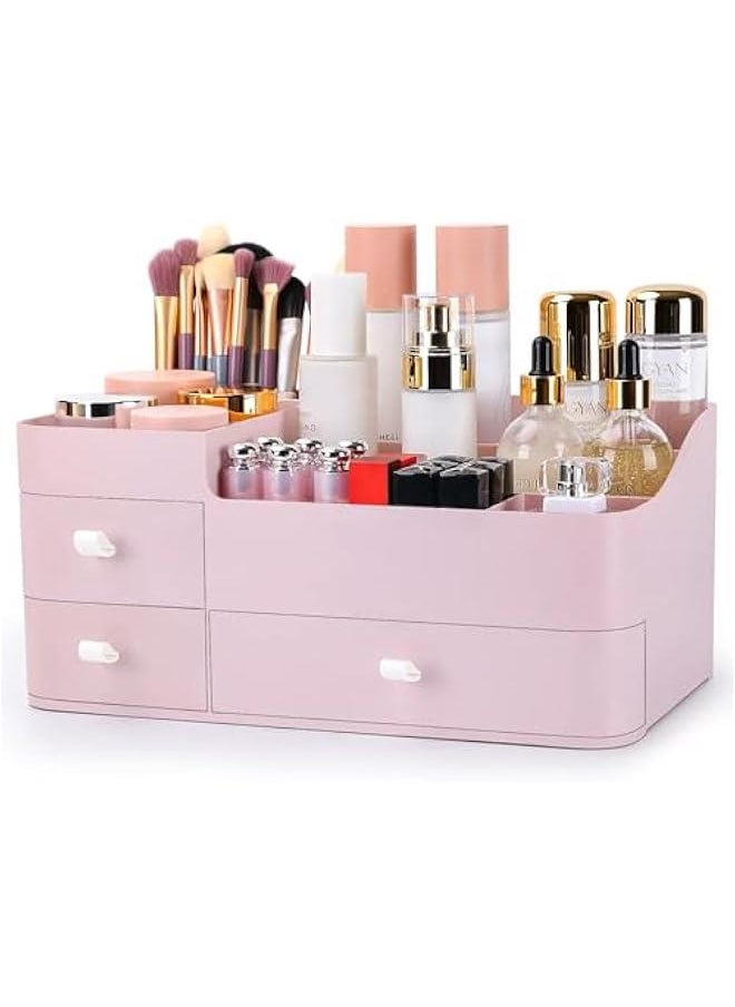 HOOKOR Makeup Organizer with Drawers,Large Capacity Countertop Organizer for Vanity,Bathroom and Bedroom Desk Cosmetics Organizer for Skin Care,Brushes, Eyeshadow, Lotions, Lipstick (Pink)  - Image 1