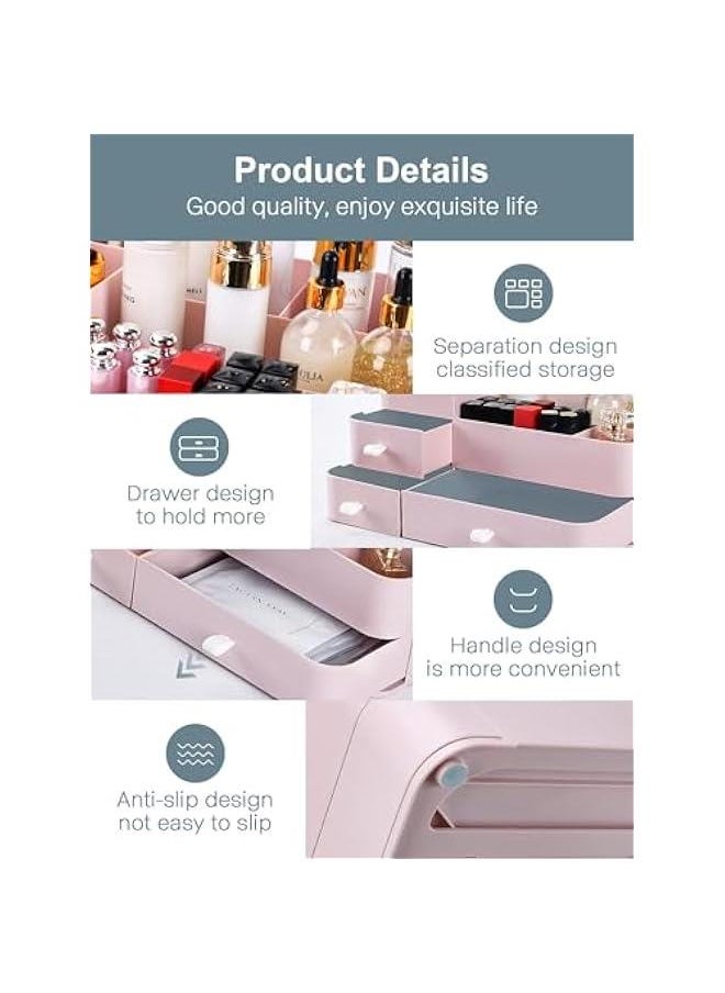 Makeup Organizer with Drawers,Large Capacity Countertop Organizer for Vanity,Bathroom and Bedroom Desk Cosmetics Organizer for Skin Care,Brushes, Eyeshadow, Lotions, Lipstick (Pink)