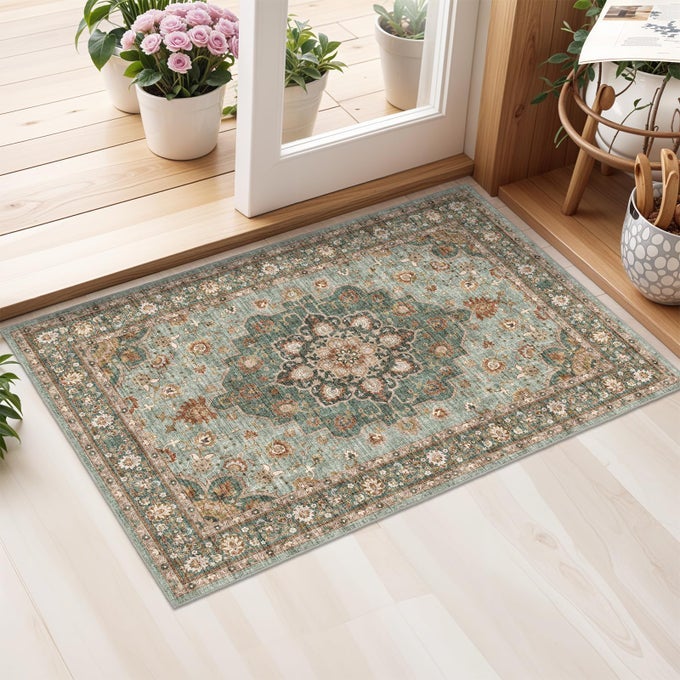 WASHABLE ORIENTAL AREA RUG 2X3 RUGS FOR LIVING ROOM SOFT CARPET FOR BEDROOM WATERPROOF FLORAL DISTRESSED INDOOR STAIN RESISTANT NONSHEDDING FLOOR CARPETS GREEN 2X3