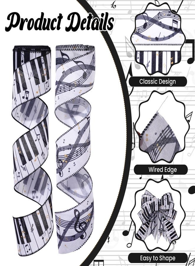 Pineraap 2 Rolls 10 Yards Music Wired Edge Ribbon 2.5 Inch Piano Keys Musical Notes Craft Ribbon White Black Fabric Ribbon for Gift Wrapping DIY Wreath Bow World Music Day Themed Birthday Party Decoration - Image 3
