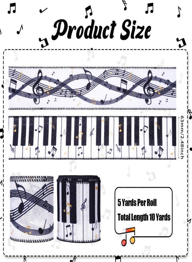 Pineraap 2 Rolls 10 Yards Music Wired Edge Ribbon 2.5 Inch Piano Keys Musical Notes Craft Ribbon White Black Fabric Ribbon for Gift Wrapping DIY Wreath Bow World Music Day Themed Birthday Party Decoration - Image 2