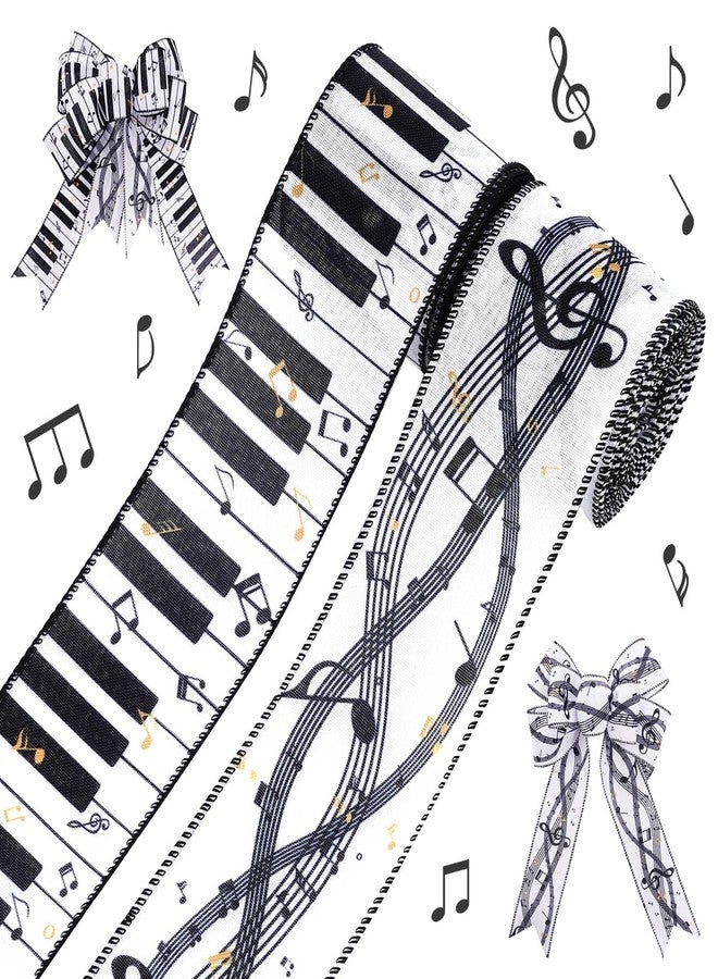 Pineraap 2 Rolls 10 Yards Music Wired Edge Ribbon 2.5 Inch Piano Keys Musical Notes Craft Ribbon White Black Fabric Ribbon for Gift Wrapping DIY Wreath Bow World Music Day Themed Birthday Party Decoration - Image 1