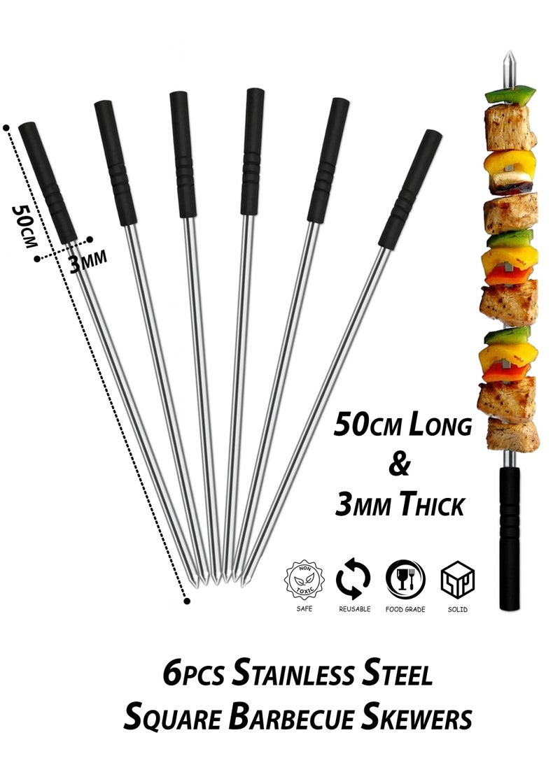 Toshionics 6pcs Stainless Steel Square Pointed Tip BBQ Skewers with Black Wooden Handle (50cm) - Image 1