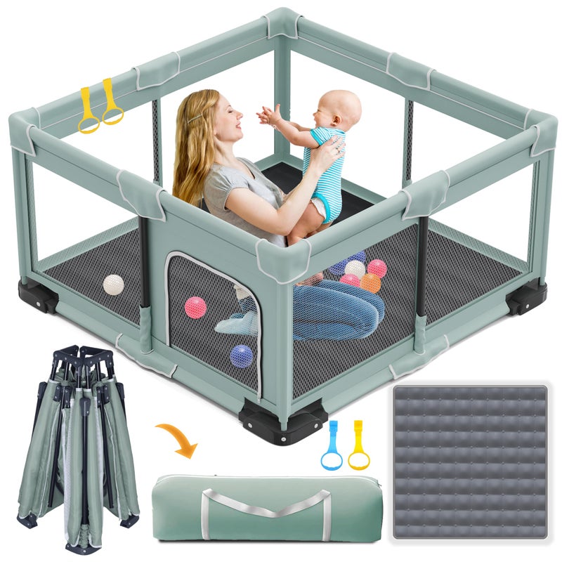 ICAREWAY Foldable Playpen for Babies and Toddlers, 50x50 Inches Portable Playpen, Kids Collapsible Play Pen with 2 Handlers, Indoor & Outdoor Baby Fence Play Area with Visible Mesh, Light Green - Image 1