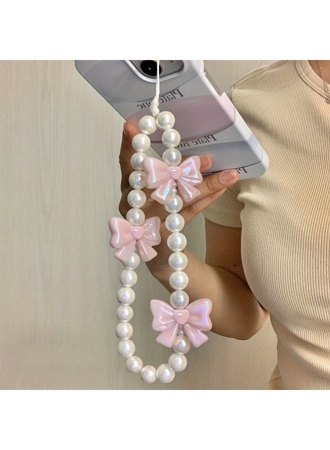 NIBEMINENT Phone Charm/ Chain Strap for Women Girls, Pink Pearl Paste Butterfly Knot Cell Phone Case Lanyard Wrist Strap - Image 2