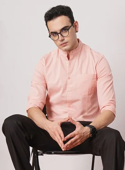 شركة المرآب الهندية Men Regular Fit Solid Full Sleeves Mandarin Collar Casual Shirt